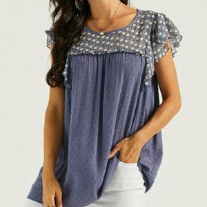 Suzanne Betro Weekend Womens Navy Floral Ruffle Sleeve Round Neck Blouse Size XL